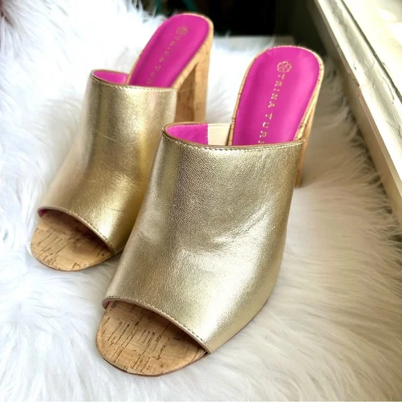 Trina Turk Gold Metallic Leather Cork Heel Mule Sandal Pink Sole - Picture 3 of 9
